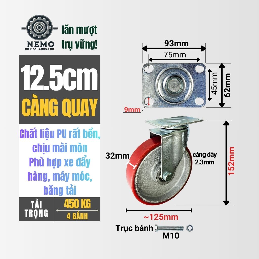 Bánh Xe PU Cốt Sắt Tải Trung – Siêu Bền, Kháng Dầu Mỡ (D75, D100, D125)